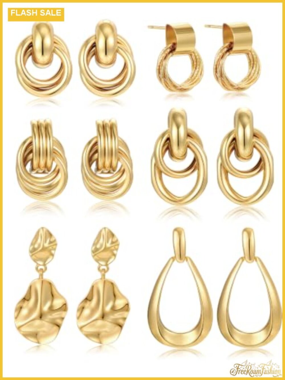 6 Pairs Chunky Gold Plated Knot Teardrop Earrings Women Lightweight
